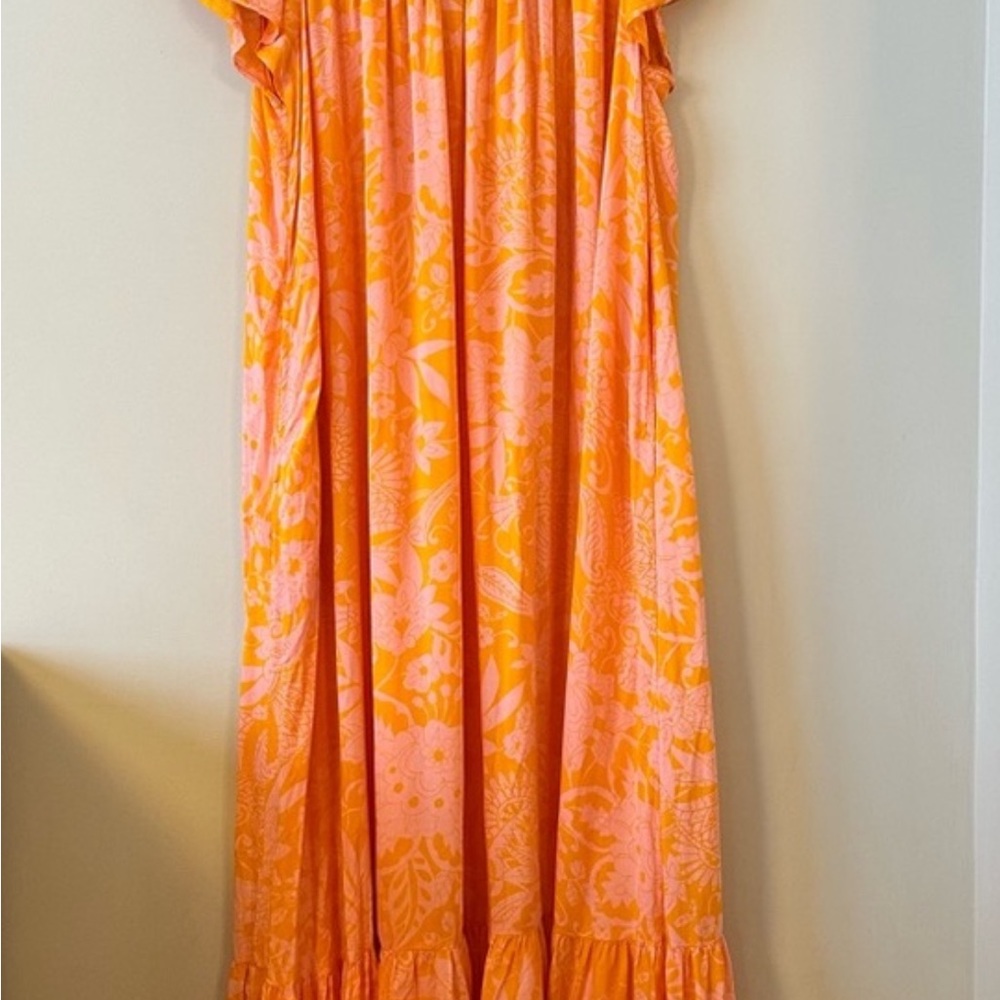 Off-Shoulder Orange and Pink Floral Maxi Dress - Picture 3 of 8